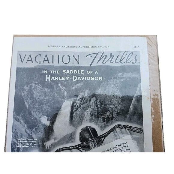 1936 Old Magazine Print Ad, Harley-Davidson Motorcycle, for Vacation Thrills! - Picture 2 of 3